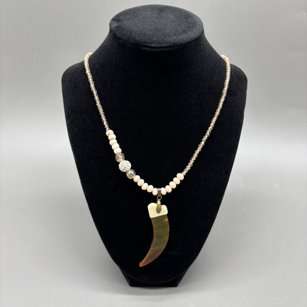 Lenora Dame Horn & Bone Claw Pendant Necklace Faceted Pink Glass Beads 18KGP USA